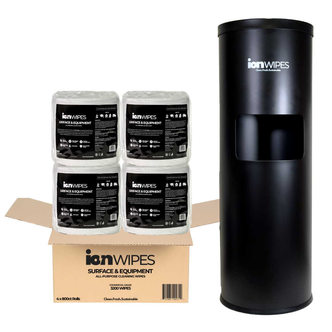 Gym Wipes with Stainless Steel Floor Stand Dispenser - 3200 Wipes (4 x 800) - ION Wipes
