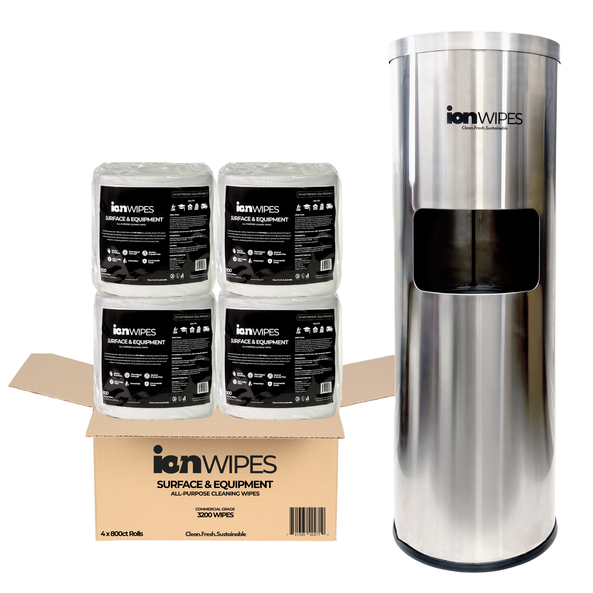 Gym Wipes with Stainless Steel Floor Stand Dispenser - 3200 Wipes (4 x 800) - ION Wipes
