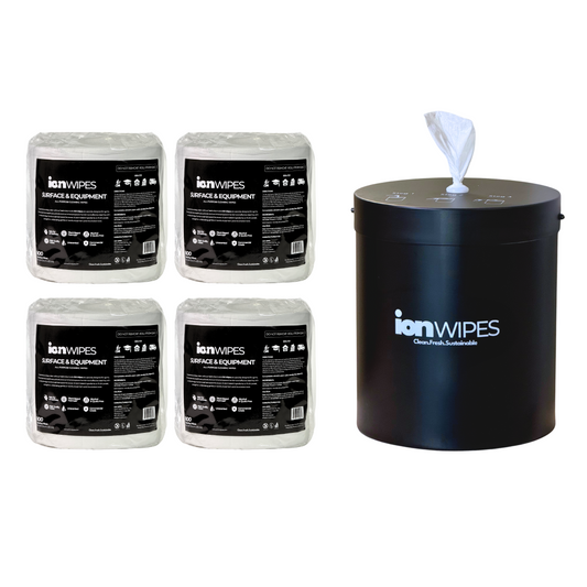 Gym Wipes with Wall Mounted Stainless Steel Dispenser Black – 3200 Wipes (4 x 800) Equipment Cleaning Starter Pack - ION Wipes