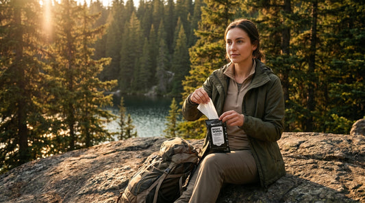 Canadian camper opening ION Body Wipes packet at backcountry campsite — biodegradable no-rinse shower wipes for camping