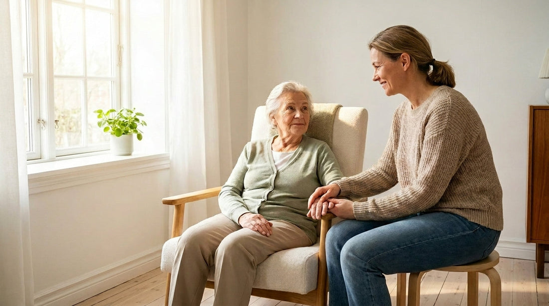 Caregiver gently using ION Body Wipes no-rinse bath wipe on elderly person — alcohol-free pH-balanced senior care wipes Canada
