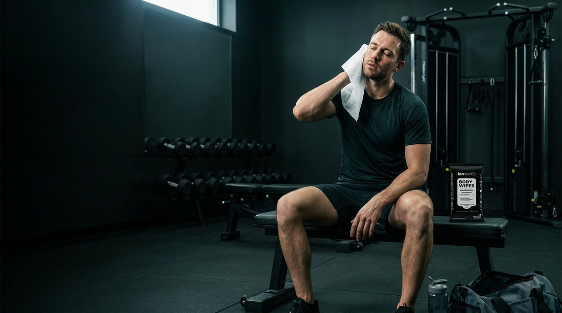 Athlete using ION Body Wipes post-workout in gym — no-rinse shower wipe for gym bag adults Canada