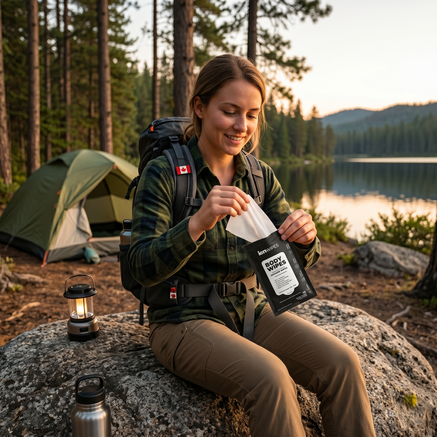 Woman opening ION Body Wipes packet at lakeside campsite — biodegradable no-rinse shower wipes for camping Canada

