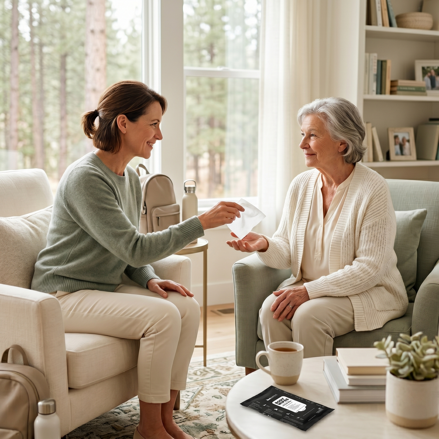 Caregiver gently passing ION Body Wipe to elderly person — gentle no-rinse bathing wipes for seniors and adult care Canada
