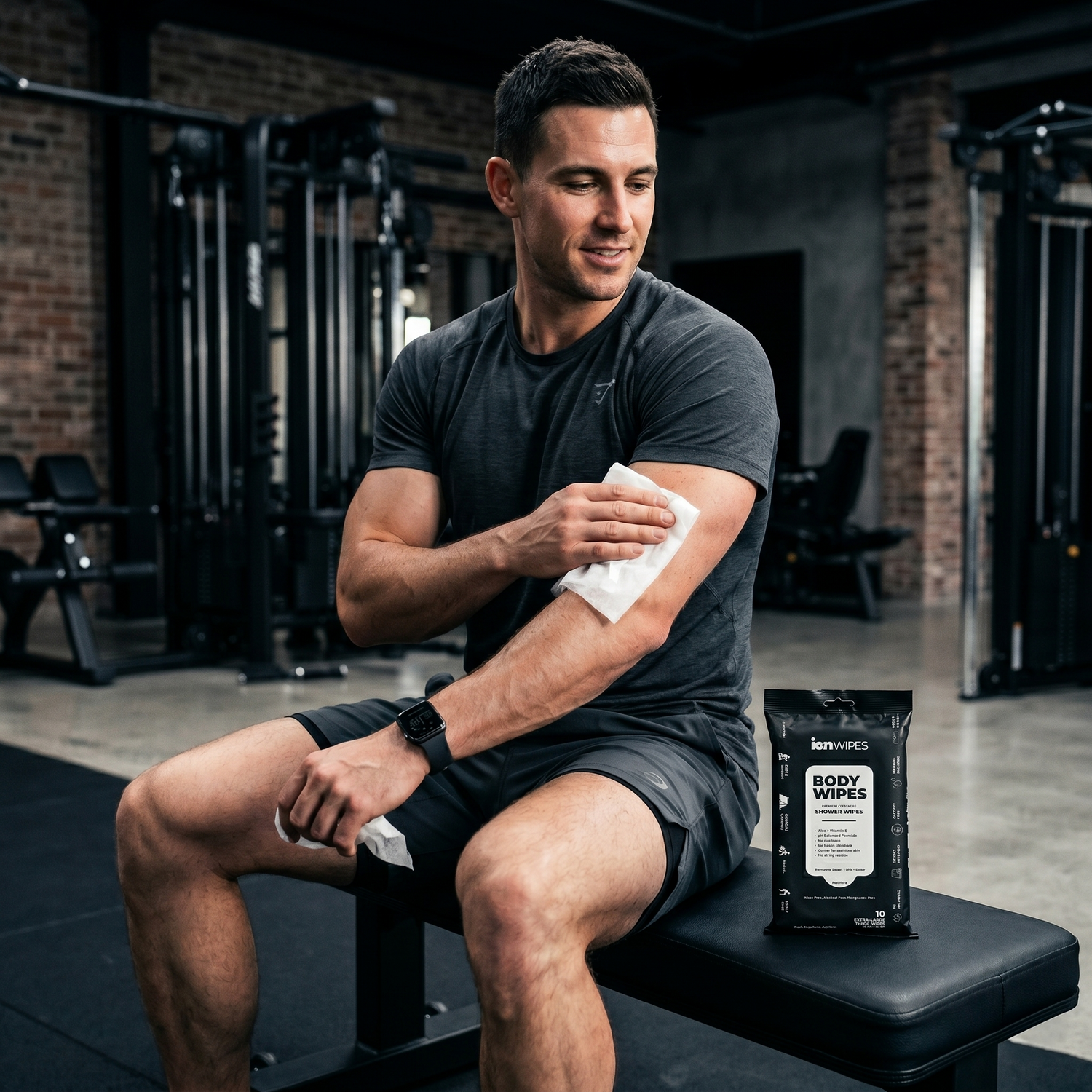 Post-workout body wipe refresh — athlete wiping down after gym session with ION Body Wipes no-rinse shower wipe