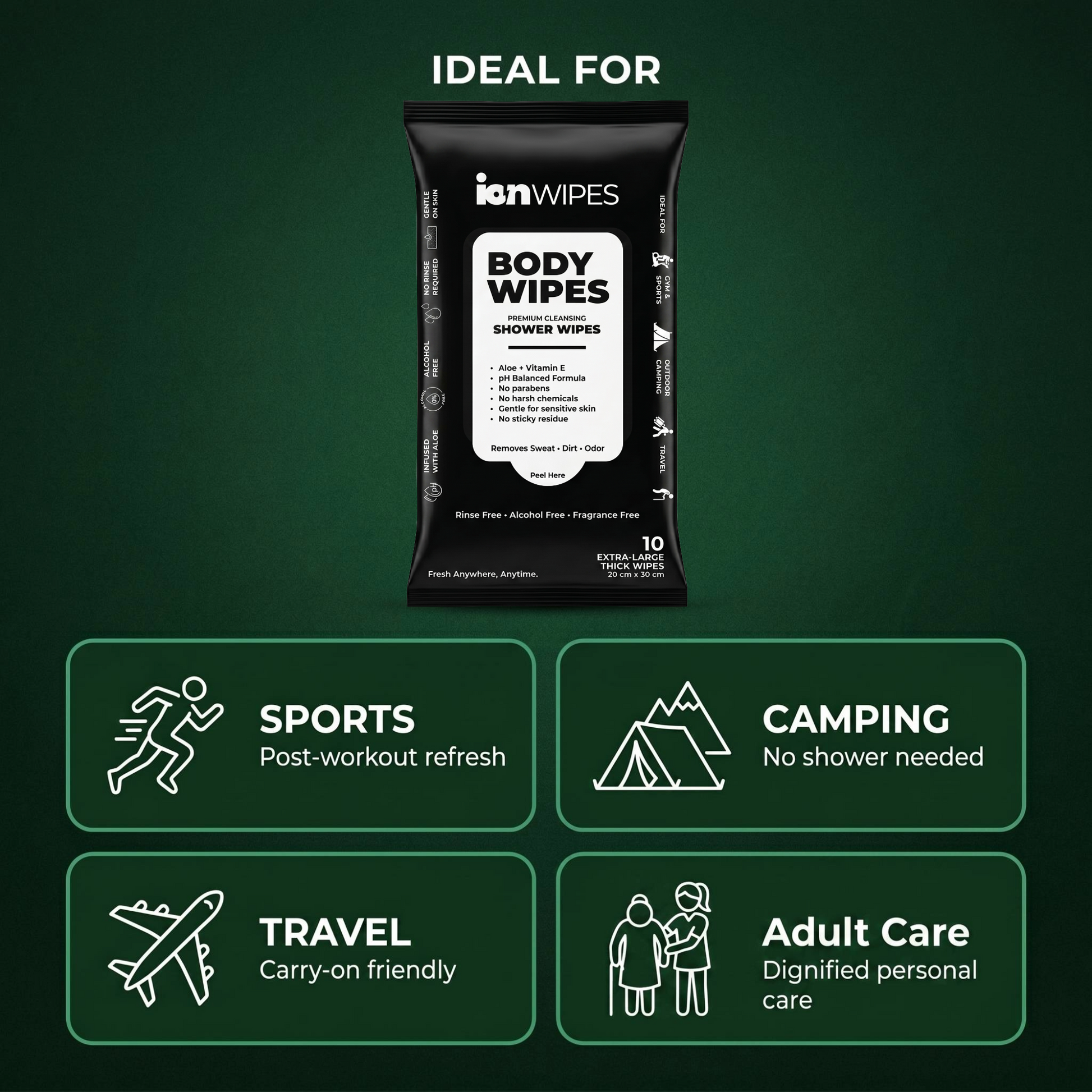 No rinse waterless bathing wipes for camping and travel
